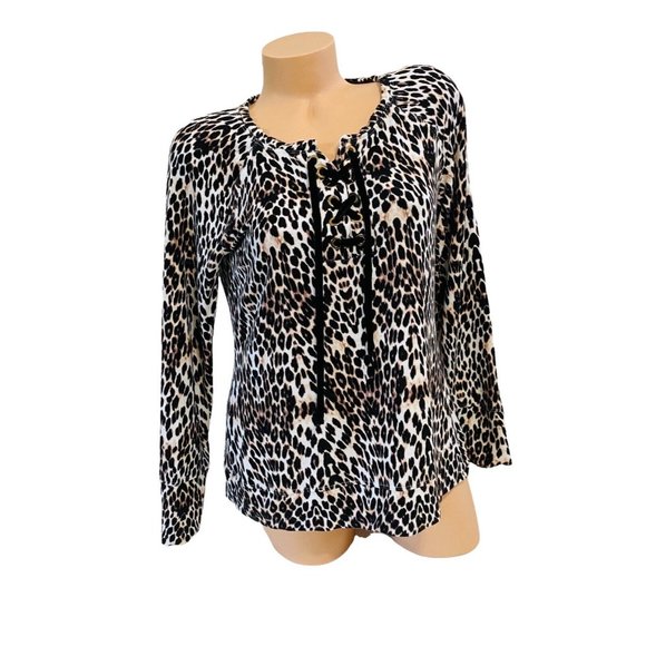 Soma‎ Women's MEDIUM Blouse French Terry Lace-up Sweatshirt Mirrored Cat Taupe - Picture 1 of 5